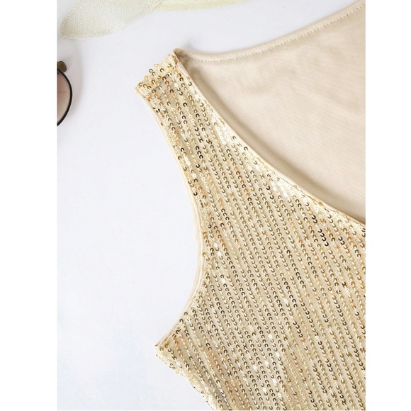 All Over Sequin Champagne Gold V-Neck Cami Top - Picture 6 of 9